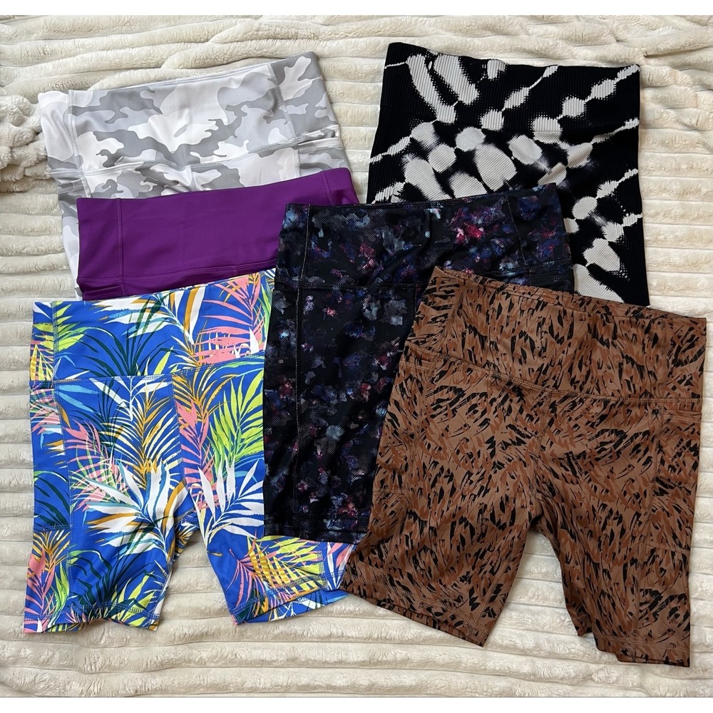 Athletic Works Womens M 8-10 Bike Shorts Lot of 6 High Rise Workout Yoga Prints